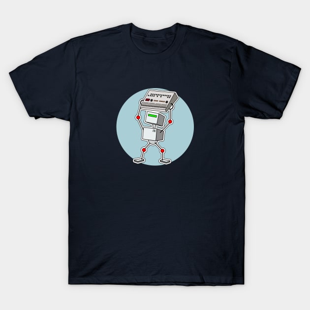Robot Holding Drum Machine Blue T-Shirt by Atomic Malibu